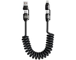 Snellaadkabel - 240W 4-in-1 Veerachtige Autokabel 2 Meter - Zwart - Compatibel Met CarPlay Apple iPhone 14/15/16/17 Pro Huawei Snel Opladen PD65W Voor Laptop