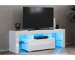 Hoogglans TV-meubel Wit met LED Verlichting (12 Kleuren) - Greeploos Lowboard tot 65 inch - 130 cm breed