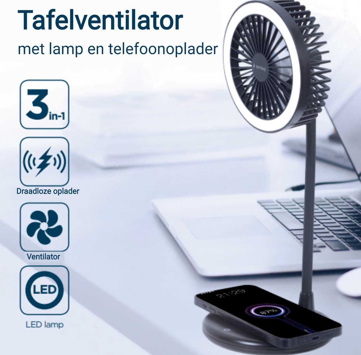 3-in-1 Tafelventilator - Qi draadloze oplader 10W - LED Verlichting - 3 snelheden en verlichting - USB Ventilator- Handventilator -Bureau Ventilator - Mini Ventilator - Tafel ventilator - Zwart — afbeelding 1