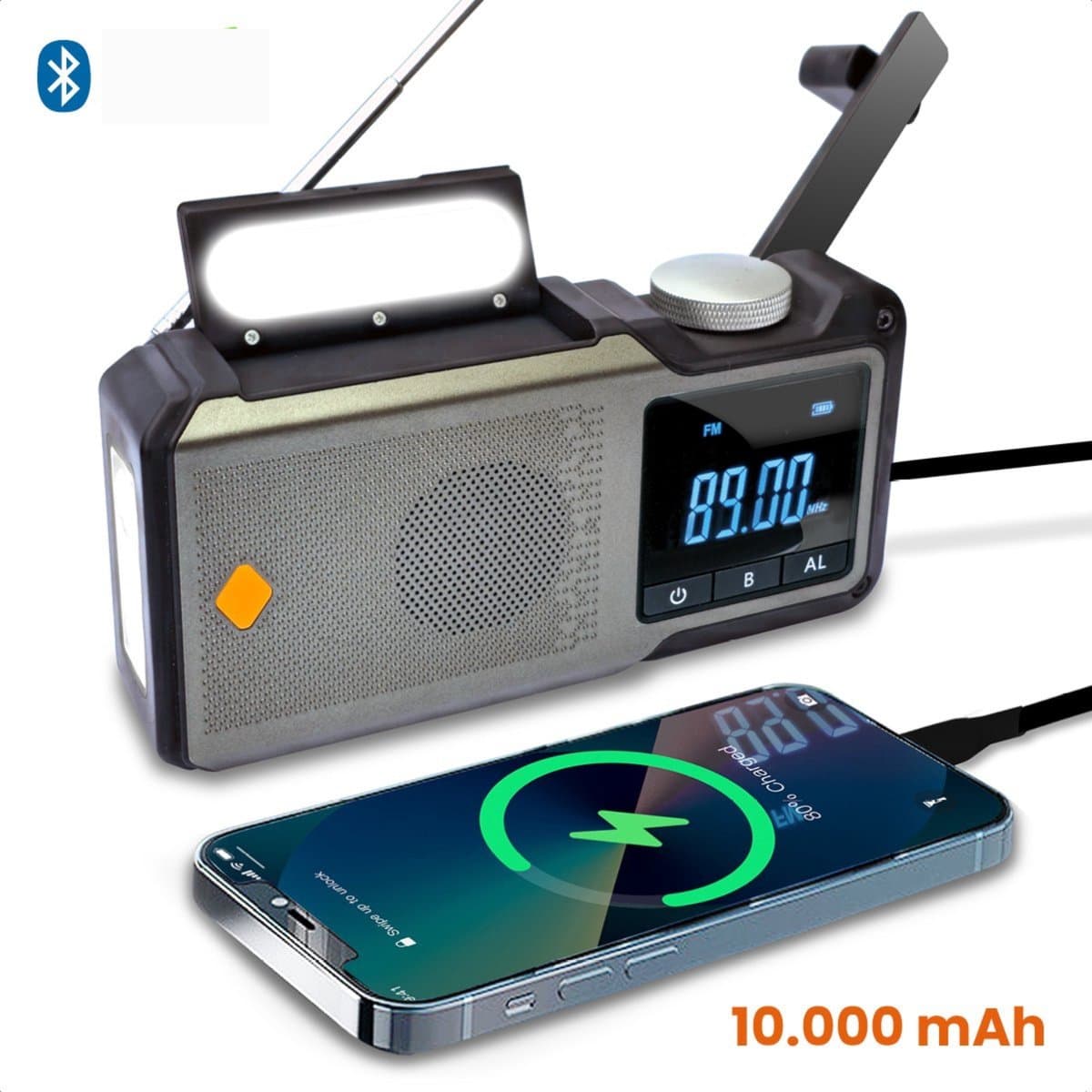 Goliving Noodradio - 17 x 9 x 4 cm - Draagbare Radio - Powerbank Zonneenergie Solar Opwindbaar - Zaklamp Oplaadbaar - Digitale Wekker - Bluetooth - 10000 mAH - 80 dB - Zwart — afbeelding 1