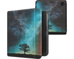 kwmobile e-reader hoesje geschikt voor Kobo Libra Colour hoes - E reader flip case met magnetische sluiting - Ereader cover - Sterrenstelsel en Boom design in blauw / grijs / zwart