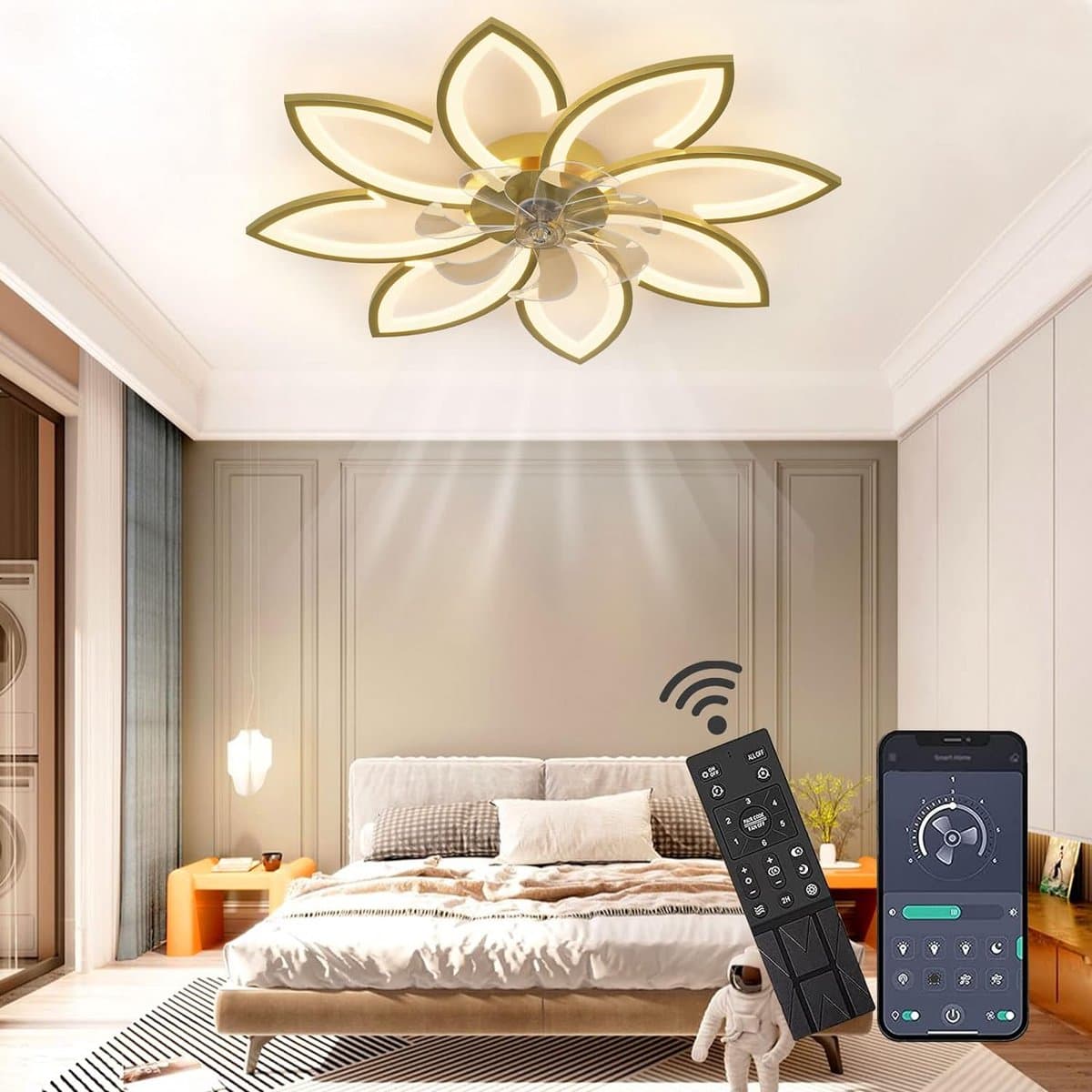 8 Bloem Ventilator Lamp - Moderne Plafondlamp Ventilator - 6 Standen - Goud - Dimbaar - Plafondventilator — afbeelding 1
