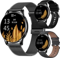 Kiraal Valencia AMOLED Smartwatch voor Dames - RVS, Lederen en Siliconen Bandje - Hartslagmeter - Stappenteller - Slaapmonitor - Multisport - Compatibel met Android en iOS - Zwart — thumbnail 1