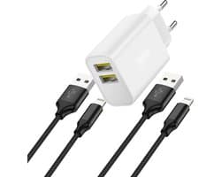 USB Lader met 2x Nylon Kabel - Geschikt voor iPhone X,8,7,SE - 12W Oplader - 1 Meter