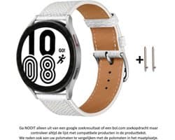 Wit leren Bandje voor bepaalde 20mm smartwatches van verschillende bekende merken (zie lijst met compatibele modellen in producttekst) - Maat: zie foto– 20 mm white leather smartwatch strap - Leder - Leer