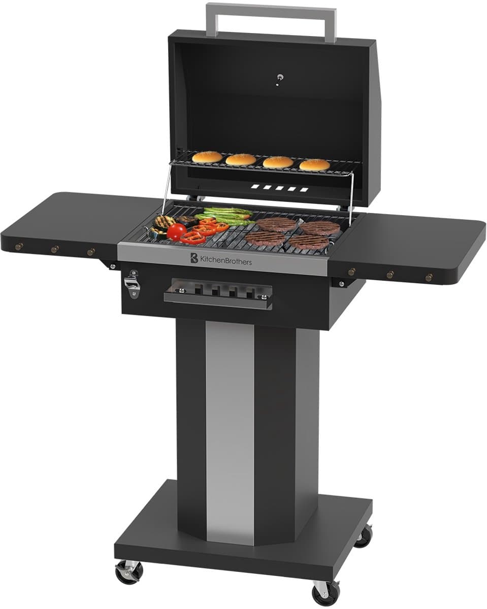 KitchenBrothers Houtskool BBQ – Barbecue Staande Grill - met Wielen – PFAS Vrij - RVS Grillrooster - Houtskool Barbecue met Deksel - Zwart — afbeelding 1