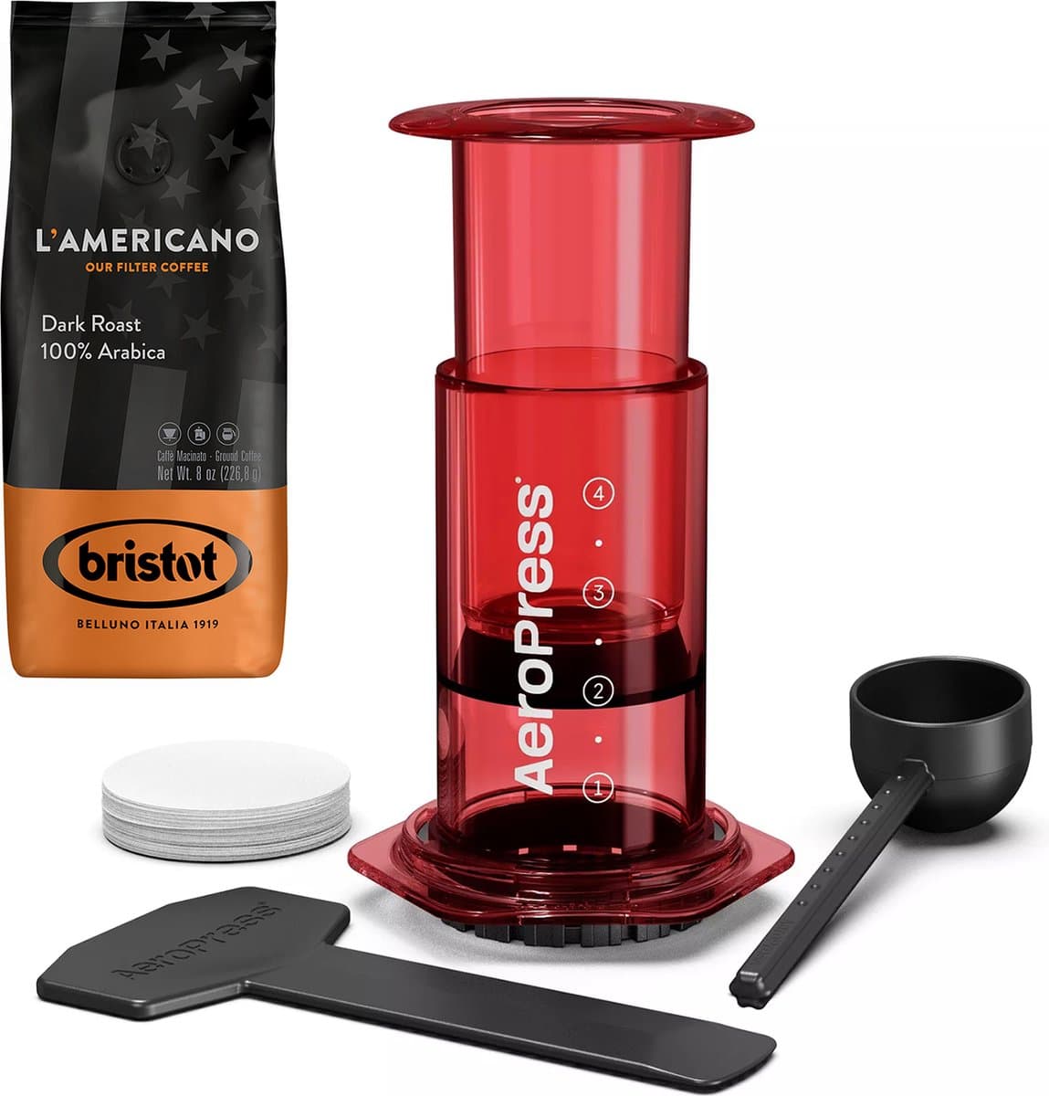 AeroPress Clear Red Coffee Maker + Bristot l'Americano koffie — afbeelding 1