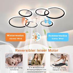 LuxiLamps - 6 Ringen LED Plafondventilator - Zwart - 6 Snelheden - Smart lamp - Dimbaar Met Afstandsbediening & APP - Moderne Cirkel Ventilator Licht - Kroonluchter Ventilator — thumbnail 2