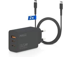 65W USB-C Oplader met 3 Poorten (2x USB-C + 1x USB-A) – Inclusief 2x USB C naar USB-C Kabels 2 Meter – Snellader voor Laptop en Telefoon