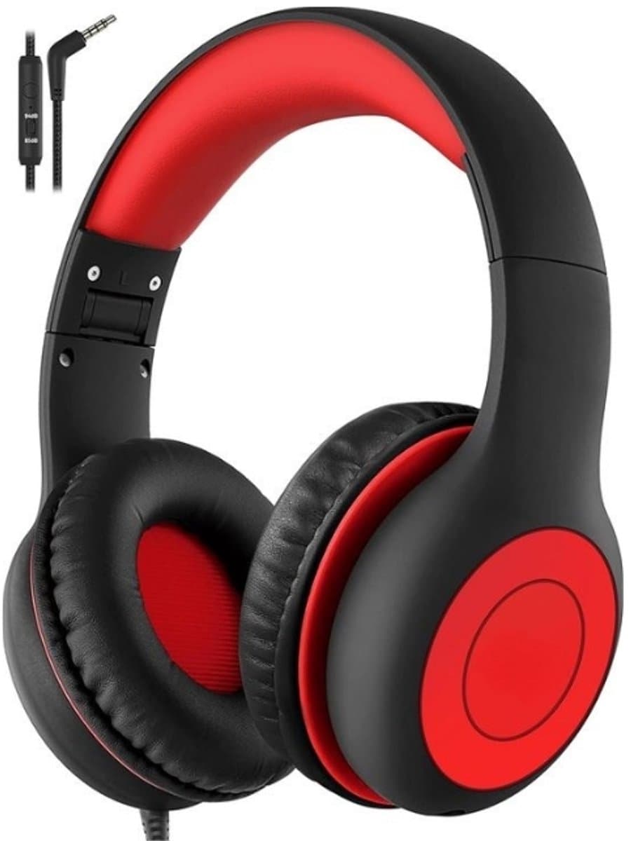 Intelectro Koptelefoon voor Kinderen - Veiligheid en Plezier in Eén! - Hoogwaardige Stereogeluid - Comfortabele Draagervaring - HD Microfoon - Volumeregeling - Brede Compatibiliteit en Audio Delen - Zwart/Rood - Levering Sneller dan Aangegeven! — afbeelding 1