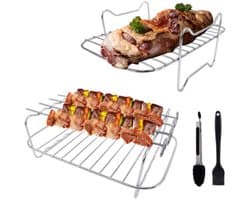 4 stuks - Airfryer Rek - Met olieborstel en klem - voor dubbele mand Airfryers - Airfryer-accessoires - geschikt voor braadoven en magnetron airfryer accessoires - 17.7*17.5cm - zilver - metaal