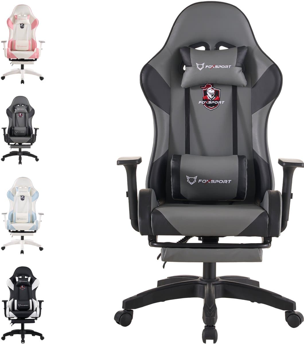 FOXSPORT Gamestoel - Gaming Chair - Ergonomisch - Verstelbaar - Met lendensteun en hoofdsteun - Met voetsteun - Bureaustoel - Racing -Zwart/Grijs — afbeelding 1