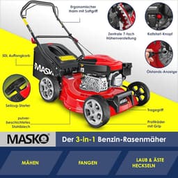 Benzine Grasmaaier 3-in-1 met Mulchfunctie en Duwfunctie | 51 cm Maaibreedte, 8-Standen Maaihoogte en 65L Opvangbak — thumbnail 5