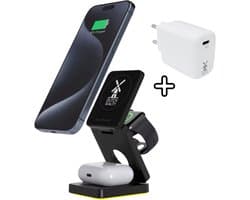 Dutch Quality® 3-in-1 Draadloze snel oplader MET 30 W adapter – 15W – Met 1 meter USB C kabel – Oplaadstation – Geschikt voor smartphones, Apple Watch en AirPods - snellader geschikt voor Qi - met nachtlampje