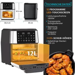 Sinaopus XXL Airfryer & Mini Oven in één – 12L Extra Grote Capaciteit – Inclusief 4 Accessoires – 12 Voorgeprogrammeerde Functies – LED Display – Makkelijk te Reinigen — thumbnail 8