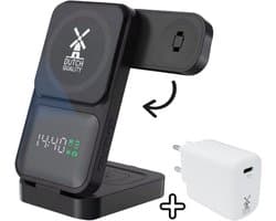 Dutch Quality® 3-in-1 Draadloze Oplader (15W Snellader) MET digitale klok MET adapter – Met 1 meter USB C kabel – Oplaadstation – Geschikt voor smartphones, Apple Watch en AirPods en Android– Zwart