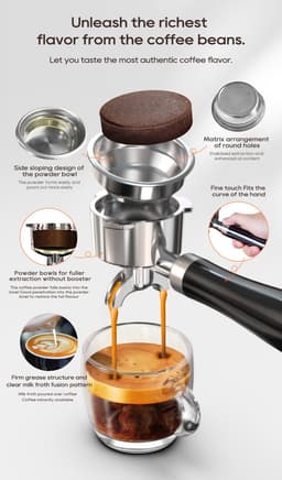 HiBREW H10A Semi Automatisch Espresso Koffiezetapparaat, 19 Bar Druk, Melkopschuimer, Temperatuur Instelbaar, 350ml Kan - Adamantine Zwart — thumbnail 3