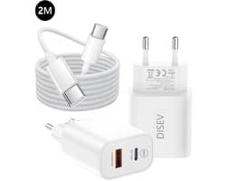 DISEV® - USB C Adapter oplader USB stekker - Super Snellader - Snellader - Power adapter - 2m USB-C kabel - Geschikt voor smartphones, tablets en andere USB-C apparaten