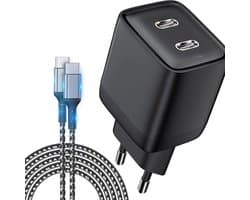 35W 2-Poorten USB C Power Adapter + 2 Meter USB C Kabel - Snellader - Lader USB C