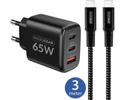 MOJOGEAR CHARGE+ 65W snellader met USB-C naar USB-C kabel 3M — Extra lange kabel van 3 meter — Oplader geschikt voor laptop, smartphone, tablet — 3x usb c / 1x usb — Zwart