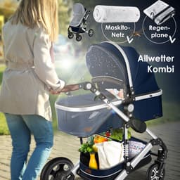 KESSER® Kinderwagen 3 in 1 Loops Wandelwagen Set incl. Autostoel & Reiswieg & Buggy Sportzitje - Massieve Rubberbanden - Luiertas / Regenhoes - Blauw / Zilver — thumbnail 4
