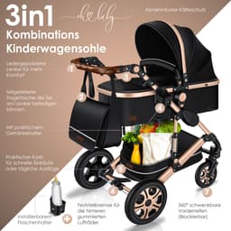 KESSER® Kinderwagen 3 in 1 Loops Wandelwagen Set incl. Autostoel & Reiswieg & Buggy Sportzitje - Massieve Rubberbanden - Luiertas / Regenhoes - Zwart / Champagne — thumbnail 4
