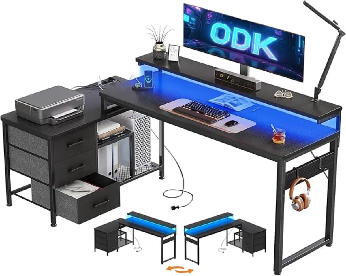 Multifunctioneel Bureau – Hoekbureau – Game Bureau – Jongens – Volledige Set – Stopcontacten – USB Poorten – Eenvoudige Montage – Zwart — afbeelding 1