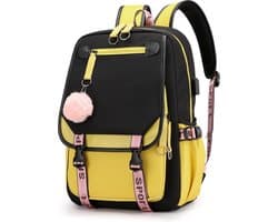 Meisjes School Student Schooltas Outdoor Rugzak Met Usb-Oplaadpoort, Zwart Geel - Schooltas - Rugzak - Rugtas - School - Meisjes - Jongens - Tieners - Boekentas - Rugzak Meisje - Rugzakken - Rugtas Voor Kinderen - Waterdicht - Laptop Rugtas