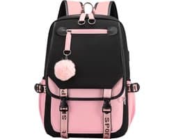 Meisjes School Student Schooltas Outdoor Rugzak Met Usb-Oplaadpoort, Zwart Roze - Schooltas - Rugzak - Rugtas - School - Meisjes - Jongens - Tieners - Boekentas - Rugzak Meisje - Rugzakken - Rugtas Voor Kinderen - Waterdicht - Laptop Rugtas