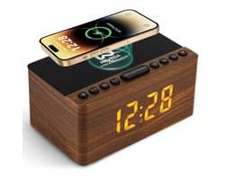 Neveda Digitale Wekkerradio Met Draadloze Oplader Telefoon - Wekkers digitaal op netstroom - Klokradio Slaapkamer - Voor kinderen & Volwassenen - Bruin hout