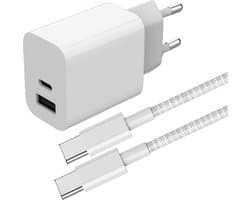 USB C naar USB Adapter - USB Adapter 2 Poorten - USB C Lader + 2 Meter Kabel - GaN Snellader - 35W USB Stekkerblok - Nylon Gevlochten Oplaadkabel - Wit