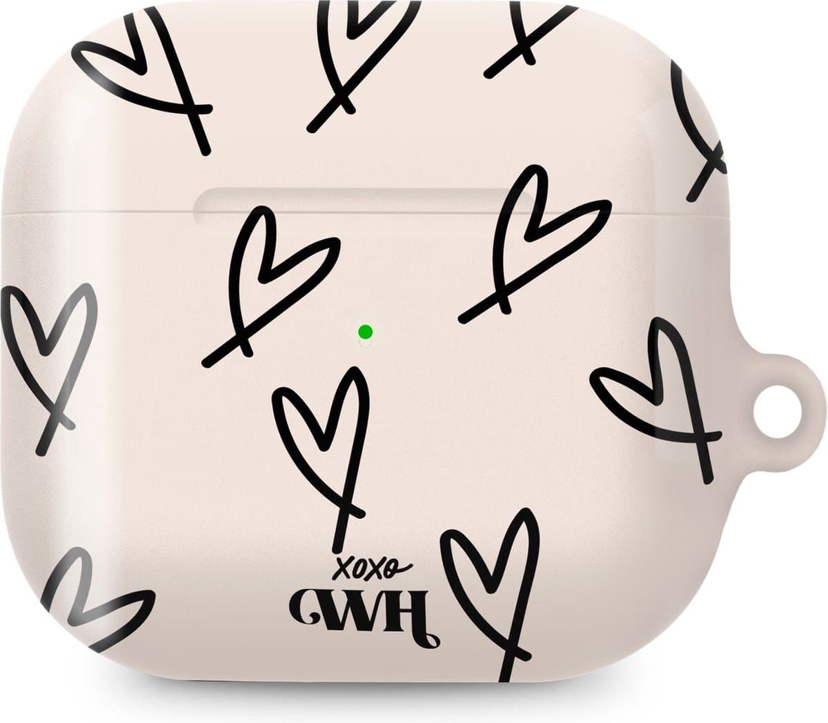 xoxo Wildhearts hoesje geschikt voor AirPods 4 - All Yours - Ook als telefoonhoesje verkrijgbaar - schokbestendige case - koptelefoonhoesje - Glimmende afwerking - Beschermhoes met hartjesprint - hartjes - Beige - Zwart — afbeelding 1