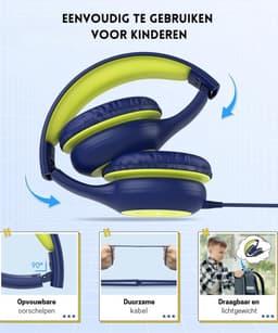 Intelectro Koptelefoon voor Kinderen - Veiligheid en Plezier in Eén! - Hoogwaardige Stereogeluid - Comfortabele Draagervaring - HD Microfoon - Volumeregeling - Brede Compatibiliteit en Audio Delen - Groen/Blauw - Levering Sneller dan Aangegeven! — thumbnail 2