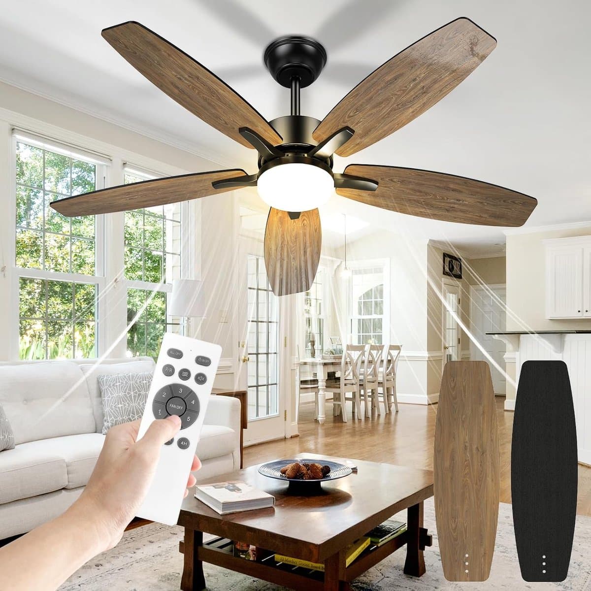 5 Blad Plafondventilator | 6 Standen | Dubbelzijdige Vleugels In Zwart & Bruin | Met Afstandsbediening | Kroonluchter Ventilator | 107 cm | Dimbaar | Woonkamerlamp | Moderne lamp — afbeelding 1