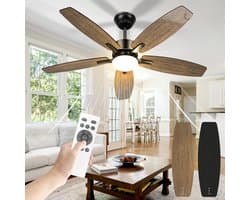 5 Blad Plafondventilator | 6 Standen | Dubbelzijdige Vleugels In Zwart & Bruin | Met Afstandsbediening | Kroonluchter Ventilator | 107 cm | Dimbaar | Woonkamerlamp | Moderne lamp — afbeelding 1