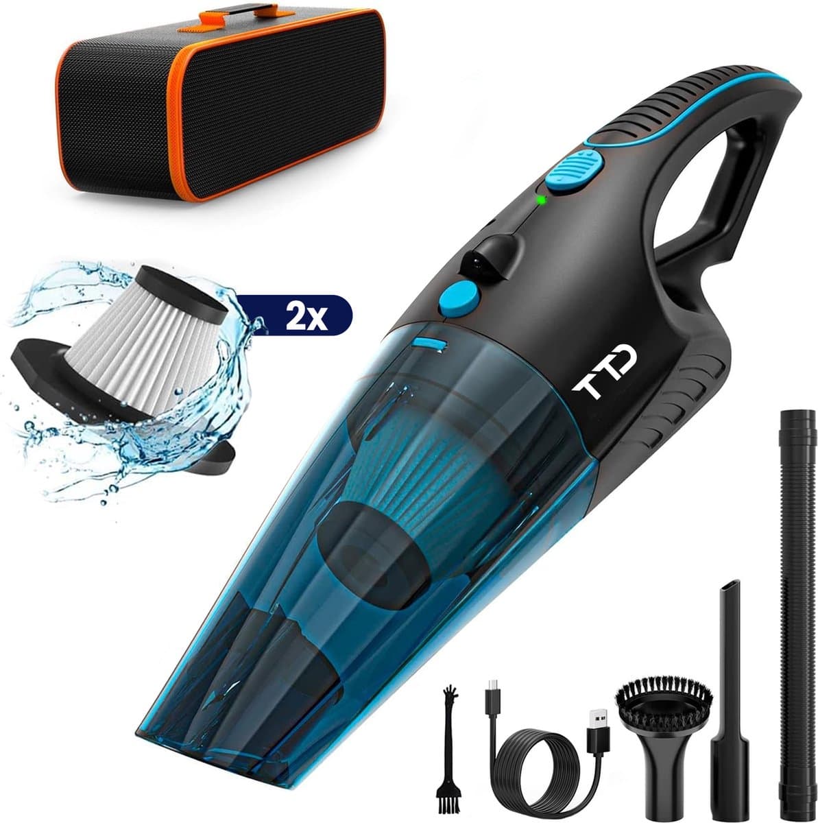 TTD® Premium Autostofzuiger Draadloos met Luxe Opbergtas - Extra Krachtig 14.000 Pa - Nat & Droog - Inclusief 2 Premium HEPA-filters - Draadloze Kruimelzuiger - Stofzuiger voor Auto - Handstofzuiger - Kruimeldief — afbeelding 1