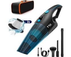TTD® Premium Autostofzuiger Draadloos met Luxe Opbergtas - Extra Krachtig 14.000 Pa - Nat & Droog - Inclusief 2 Premium HEPA-filters - Draadloze Kruimelzuiger - Stofzuiger voor Auto - Handstofzuiger - Kruimeldief