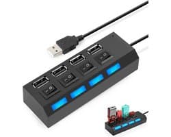 4 in 1 USB Poort - USB Splitter - 4 Poorts 2.0 USB Hub met Aan/Uit schakelaar - Verdeler - LED - Geschikt voor Laptops en PC - Zwart