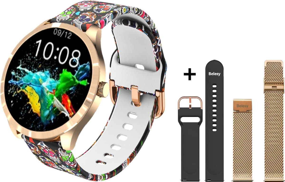 Belesy® BQSiRgSk Pro Skull - Smartwatch Dames – Smartwatch Heren - Horloge - 1.28 inch - Kleurenscherm - Stappenteller - Bloeddruk - Hartslag - 75+ Wijzerplaten – Sporten – Rose goud – Staal - Siliconen – Skull - Zwart - Kerstcadeau — afbeelding 1