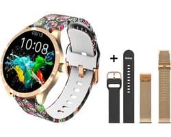 Belesy® BQSiRgSk Pro Skull - Smartwatch Dames – Smartwatch Heren - Horloge - 1.28 inch - Kleurenscherm - Stappenteller - Bloeddruk - Hartslag - 75+ Wijzerplaten – Sporten – Rose goud – Staal - Siliconen – Skull - Zwart - Kerstcadeau