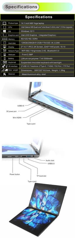 14" + 14" Dual-Screen Yoga Laptop 360° Flipbaar, Intel N100, 32GB RAM, 1TB SSD, Dual Touch & Handschrift, 2.2K IPS 100% sRGB, Aluminium Behuizing, Windows 11 — thumbnail 3