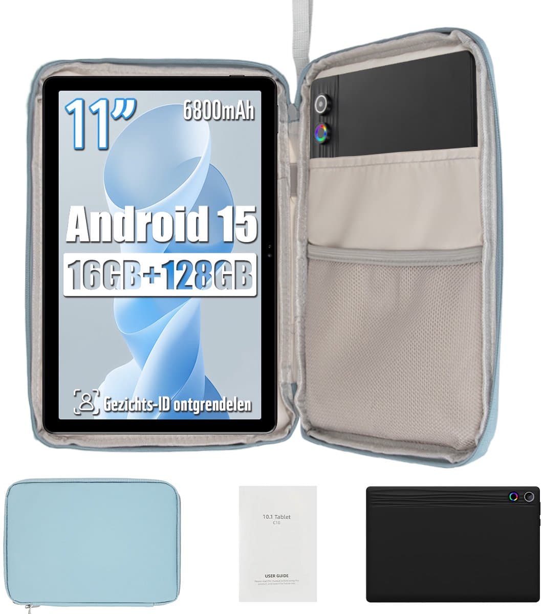 kotsren 11 Inch Tablets - Android 15 Kindertablet - 16GB RAM+128GB ROM - 6800mAh - Octa Core - 5G WIFI - Widevine L1 - Tablet Met Tablet Hoes Sleeve - Zwart — afbeelding 1