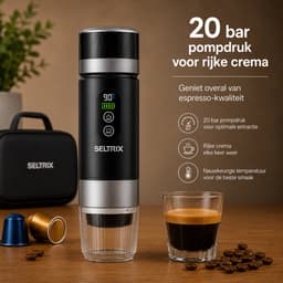 Draagbare koffiemachine - Verwisselbare Accu + 1 extra accu - 20 Bar - Inclusief Beschermhoes - 150 ml - 7500 mAh - Draagbaar koffiezetapparaat - Cups & Gemalen Koffie - Camping & Reizen - Espresso & Lungo - Seltrix - Zwart — thumbnail 3