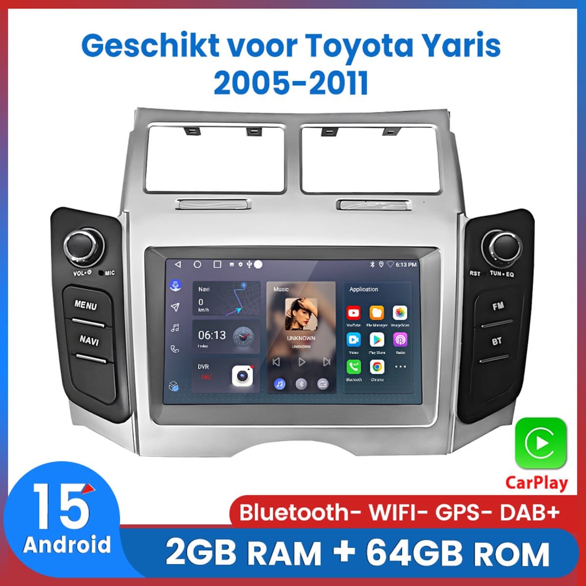 Awesafe Autoradio - Geschikt voor Toyota Yaris 2005 t/m 2011 - Draadloos Apple Carplay & Android Auto - Ram 2GB + Rom 64GB - Android 15.0 Systeem - GPS Navigatie Bluetooth WIFI - 7 Inch Radio Scherm - 2005 2006 2007 2008 2009 2010 2011 — afbeelding 1