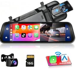 Achteruitkijkspiegel-dashcam - met draadloze Apple CarPlay- en Android Auto-functionaliteit - 9,66 inch - 4K-resolutie - IPS-touchscreen - dual-screen dashcam - Bluetooth + AHD-achteruitrijcamera - wifi - inclusief 16 GB SD-kaart — thumbnail 1