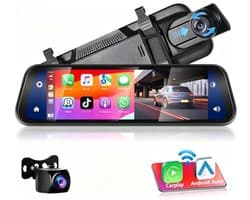 Achteruitkijkspiegel-dashcam - met draadloze Apple CarPlay- en Android Auto-functionaliteit - 9,66 inch - 4K-resolutie - IPS-touchscreen - dual-screen dashcam - Bluetooth + AHD-achteruitrijcamera - wifi