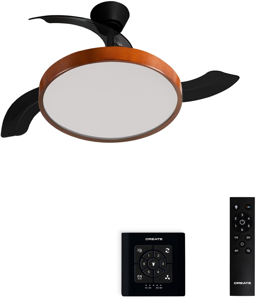 CREATE - Plafondventilator 40W stil met intrekbare bladen met licht - Ø108cm - Zwart / Donker hout - Controller voor wandmontage + afstandsbediening - WIND CLEAR STUDIO — afbeelding 1