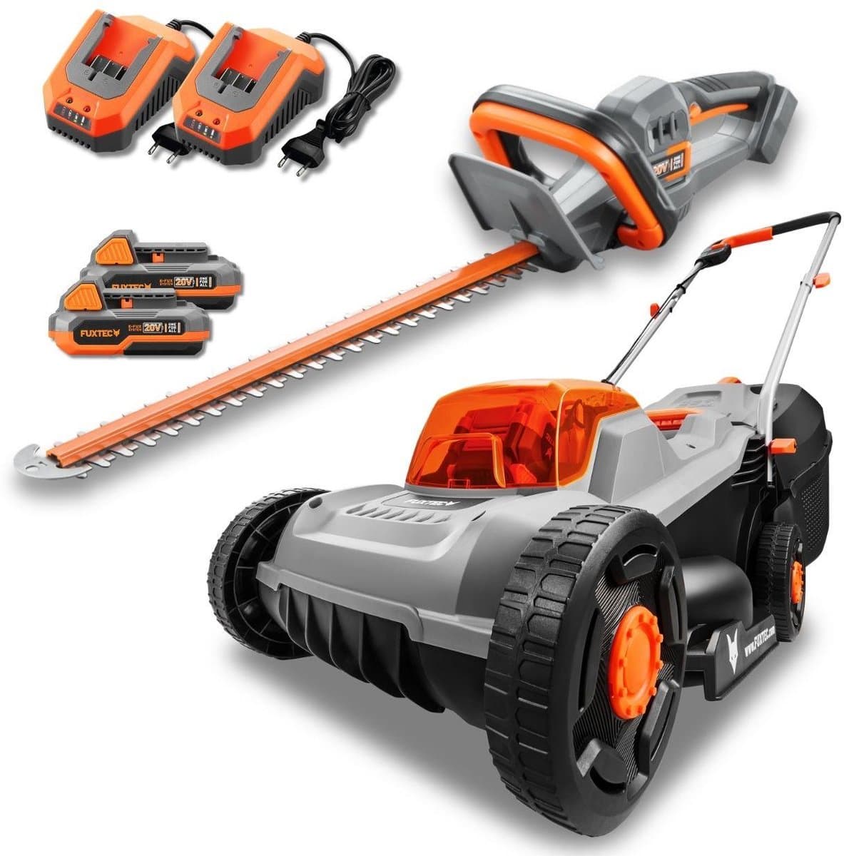 FUXTEC 20V Accu Tuinset FX-E1RM20ECO-SET & FX-E1HS20-SET • Grasmaaier 30 cm & Heggenschaar 52 cm • 2x 2Ah Accu met Oplader • Accu Platform • Draadloos • 30 Liter Grasopvangbak — afbeelding 1