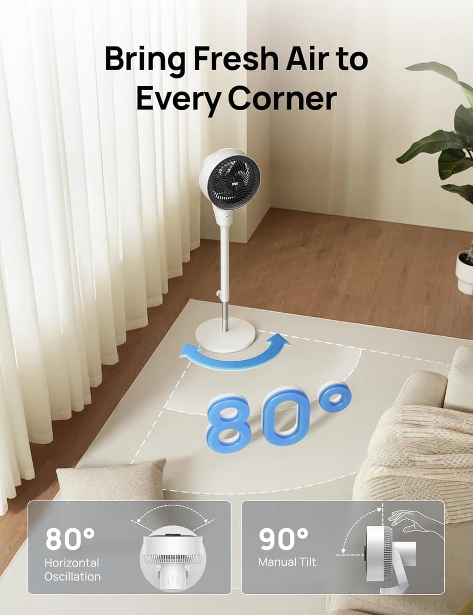 Dreo Silent Standing Fan, 1444 m³/h Air Volume Oscillating Fan, 3 Levels, 6 Hours Timer, Tower Fan with Remote Control, Air Circulation in 3 Minutes for Bedroom, Fragrance Function — afbeelding 1