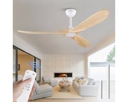 Merdoo Plafondventilator zonder Lamp - 60 inch - 3 Houten Bladen - Afstandsbediening - Wit/Naturel